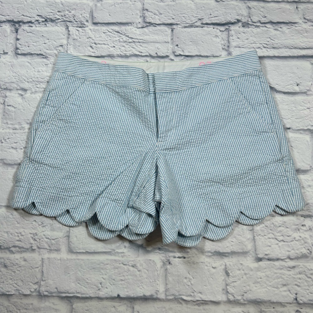 Preppy Lilly Pulitzer Blue and White Seersucker Shorts with Scalloped Hem.